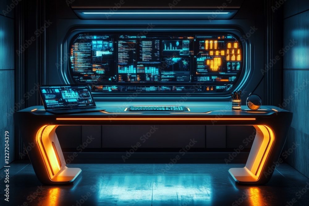 Poster futuristic workspace with a sleek desk, multiple screens, and vibrant lighting in a high-tech enviro