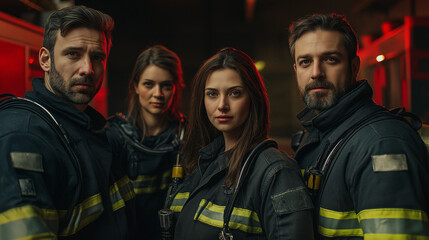 Fototapeta premium A team of four firefighters, two men and two women, wearing full firefighting gear, standing in front of a fire truck in a dimly lit fire station. Their serious and heroic expressions convey bravery a