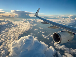 The image shows a plane wing and engine above fluffy clouds.
