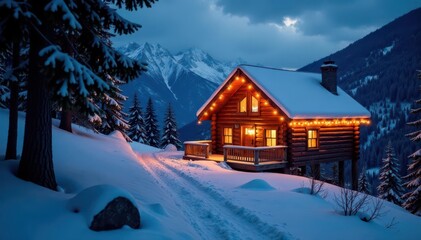 Fototapeta premium Twinkling Christmas lights adorn the exterior of a secluded mountain cabin, lights, christmas