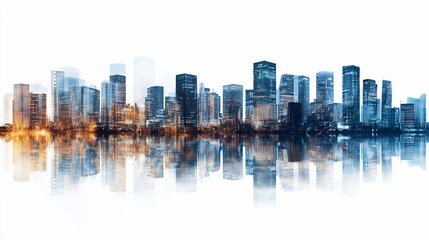 Fototapeta premium Cityscape reflection, urban panorama, night lights, waterfront, design