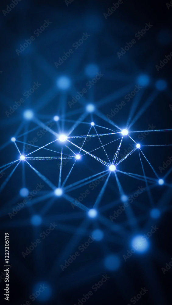 Poster a dynamic layout featuring a network of interconnected lines and nodes against a dark blue backgroun