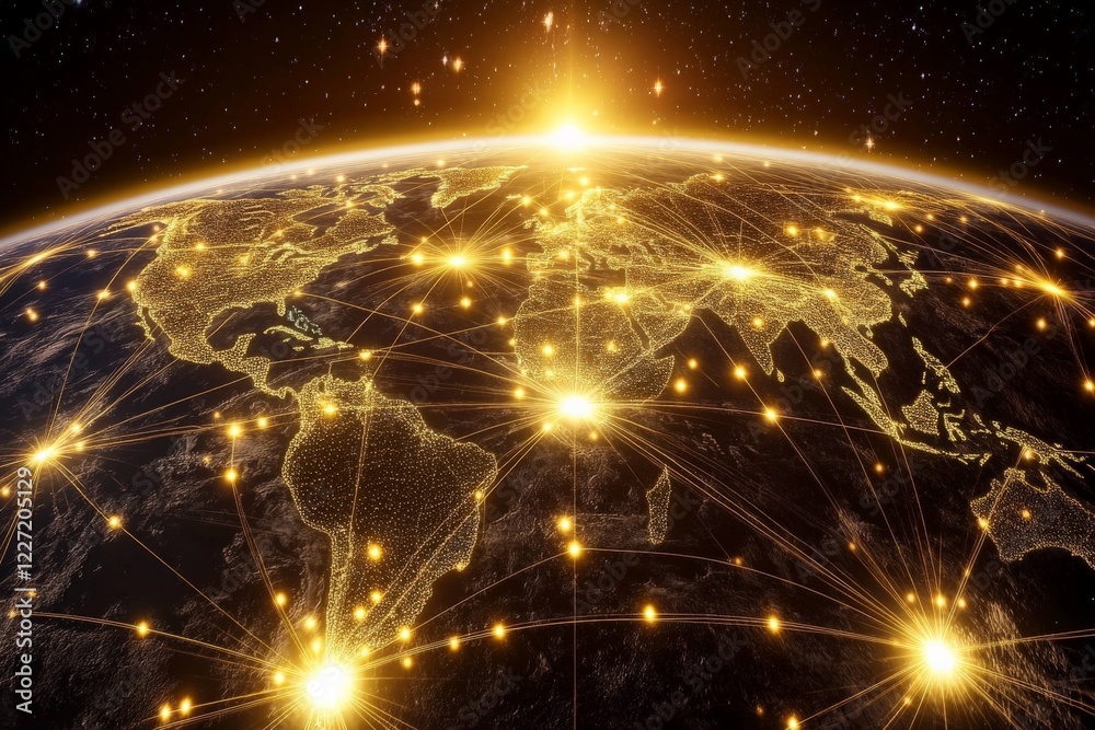Aufkleber earth's illuminated network showcases global connectivity from space during dawn