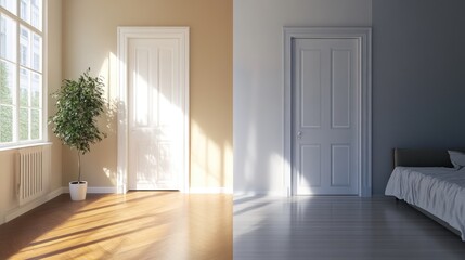 Home or apartment room before and after restoration or refurbishment. Renovation concept.