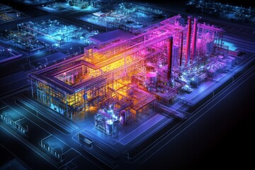 Obraz premium Industrial plant illuminated by vibrant colors at night showcasing intricate designs and complex structures