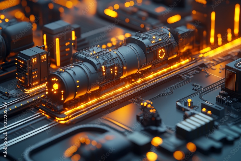 Poster a futuristic cityscape featuring a glowing train traversing an intricate network of tracks at night