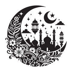 Beautiful Muslim festival illustration featuring mosques and stars