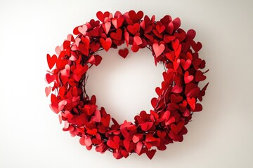 Obraz premium Red heart-shaped wreath on white background for valentine's day decor