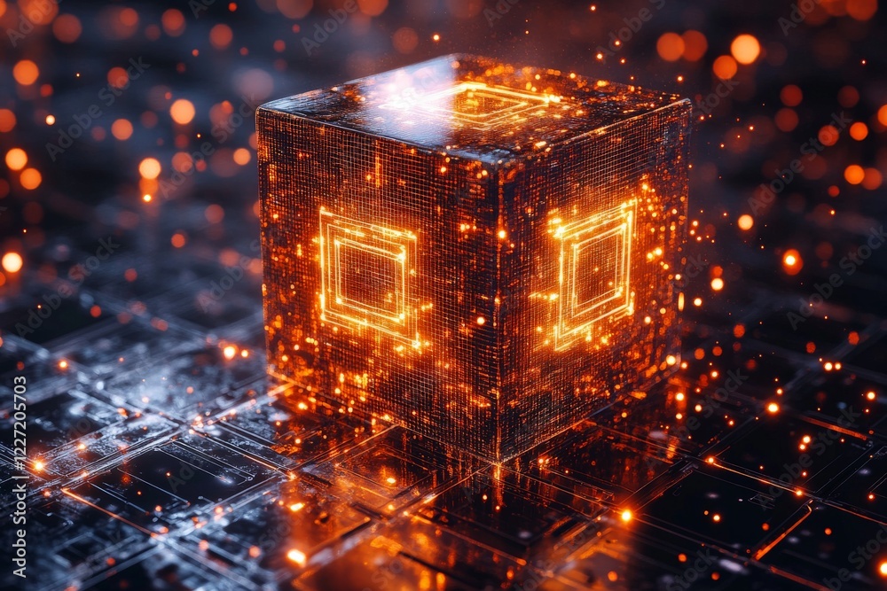 Poster Digital cube with glowing patterns and sparks amid a futuristic grid environment