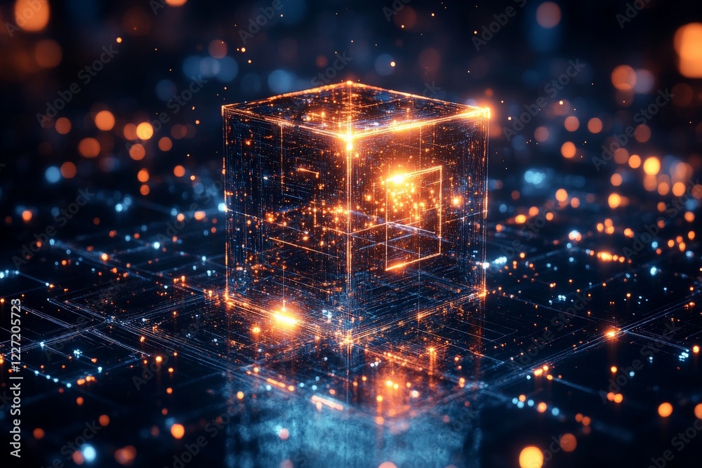 Fototapete digital cube glowing in a futuristic landscape filled with luminous particles and intricate patterns