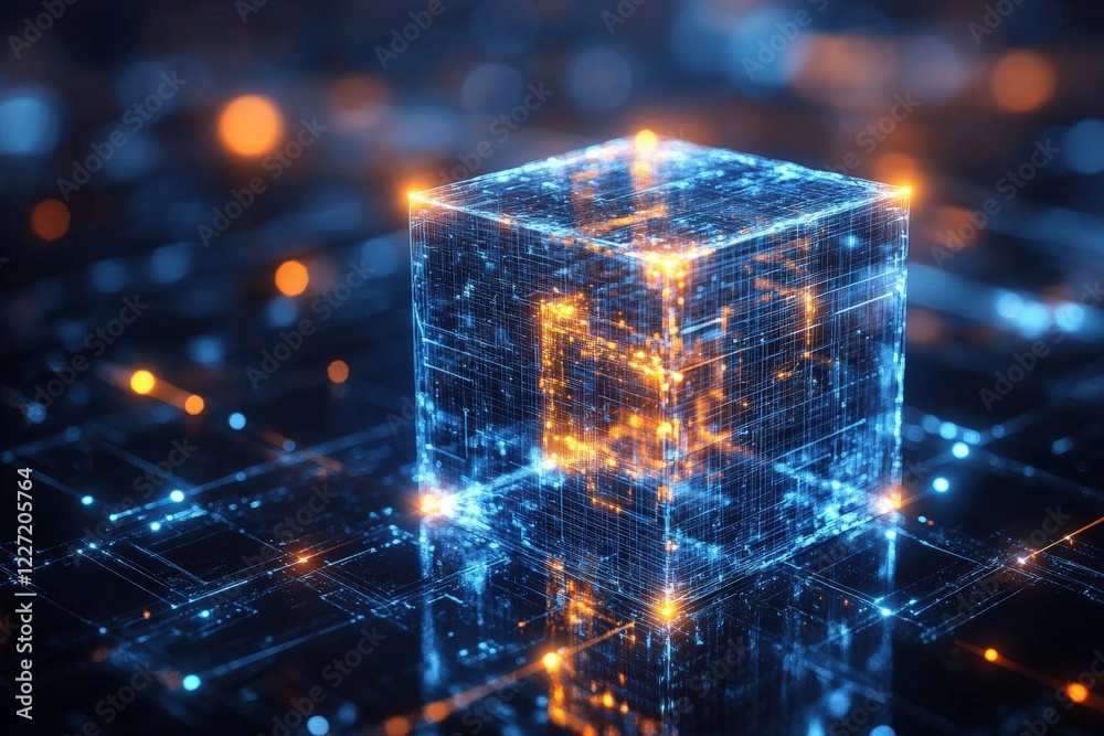 Aufkleber Digital cube illuminated by glowing lines in a futuristic cyber environment