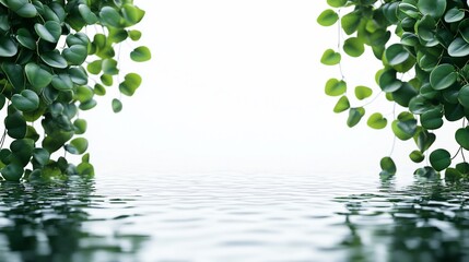 Lush greenery framing calm water, white background, spa serenity