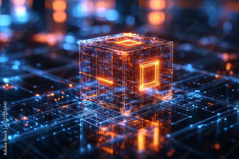 Aufkleber digital cube illuminated in vibrant orange and blue amidst a futuristic network of interconnected li