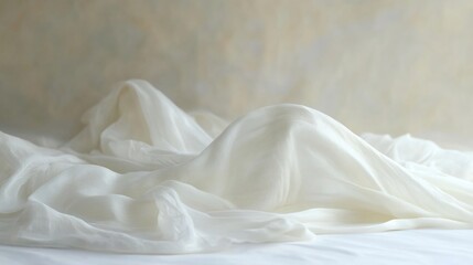 Obraz premium White fabric draped on bed, textured wall background, soft lighting, sleep concept