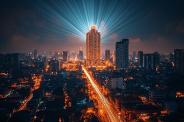 Vibrant city skyline at night with luminous lights and vibrant beams over tall buildings