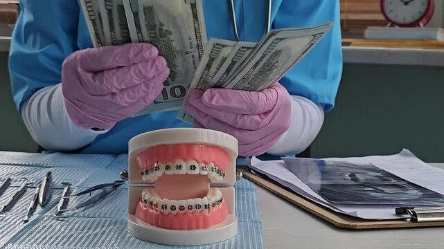 Dentist counts cash while showcasing dental braces in a clinic setting