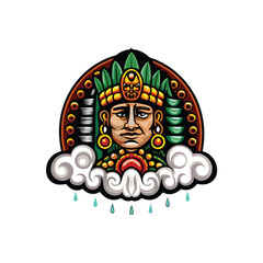 Illustrate Tlaloc, the Aztec rain god, depicted with flowing water, intricate headdress, and numerous water droplets.  Show his fierce yet benevolent nature.