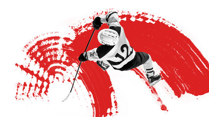 Modern art collage. Ice hockey player skating aggressively, gripping hockey stick, dressed uniform...