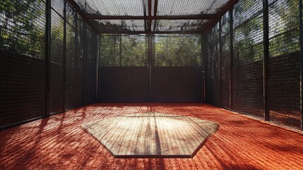 Home plate of a batting practice cage.