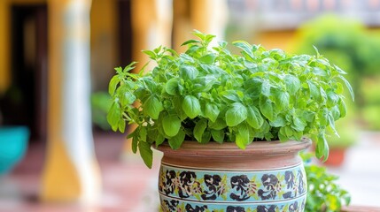 Fresh Green Basil Plant in Decorative Pot on Blurred Background