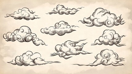 Vector illustration of Japanese cloud set. A cloud's movement in the sky is influenced by the wind. Decorate with Chinese ornaments or eastern ornaments. clouds in Chinese style. Eps 10.