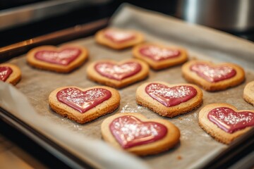 Freshly baked heart-shaped cookies with pink icing on baking tray. Valentine's Day