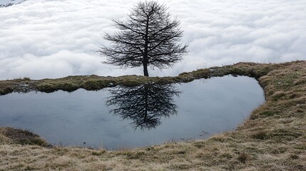 Lonely tree reflects in heart-shaped pool above clouds; serene mountain landscape, perfect for nature, travel, or peace themes