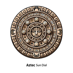 Illustrate a meticulously detailed Aztec sun dial, showcasing concentric rings, intricate carvings, and symbolic elements.  Render in vibrant, historically accurate colors.