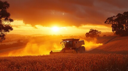 Fototapeta premium Golden sunset over a combine harvester working in a wheat field.