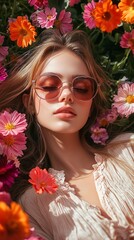 Naklejka premium A young woman with long brown hair and glasses lies asleep on a bed of flowers.
