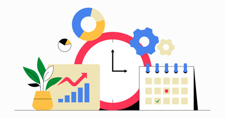 Clock With Growth Chart And Calendar In Flat Vector Illustration Symbolizing Business Planning, Productivity, And Scheduling, Isolated On White Background