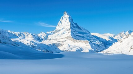 Towering snowy mountain peaks rise above a vast glacier, their pristine white slopes glowing under a clear blue sky, creating the perfect winter adventure scene.