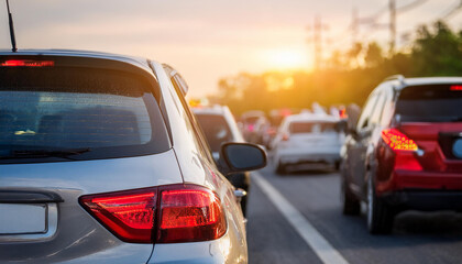 Cars at traffic jam. Rush hour on highway. Transport concept.