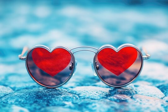 Heart-shaped sunglasses with red lenses on blue stone background - Powered by Adobe