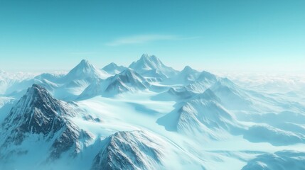 Fototapeta premium Towering snowy mountain peaks rise above a vast glacier, their pristine white slopes glowing under a clear blue sky, creating the perfect winter adventure scene.
