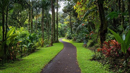 Fototapeta premium A lush green forest path surrounded by tall trees and vibrant foliage