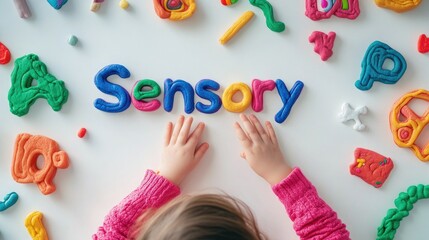 Child engages in colorful sensory play with clay letters on white background