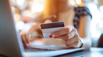 A woman is holding a credit card while using a laptop for online payment