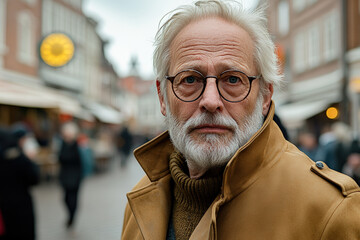 stylish elderly man in urban street setting, a distinguished elderly man with a stylish coat and glasses stands in an urban street setting, exuding confidence and wisdom. 