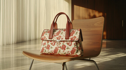 A floral-patterned fabric bag rests on a sleek wooden chair in a modern corner bathed in natural light, radiating tranquility.