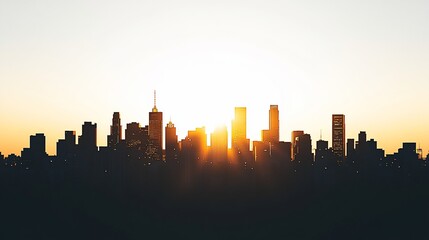 Naklejka premium Sunset cityscape skyline panorama, urban sunrise, golden hour, background, website header