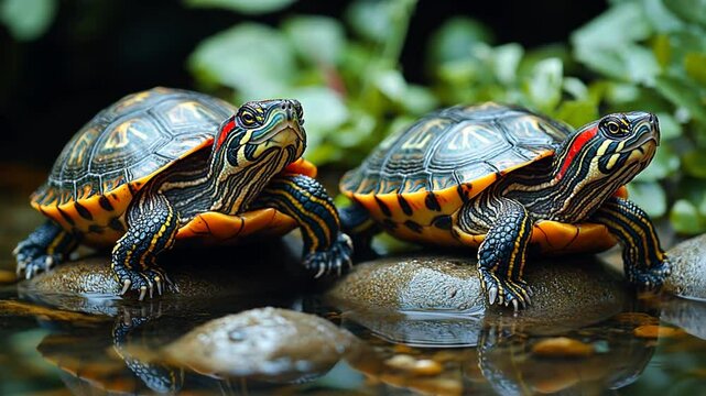 Two colorful turtles resting on rocks near water, surrounded by greenery.