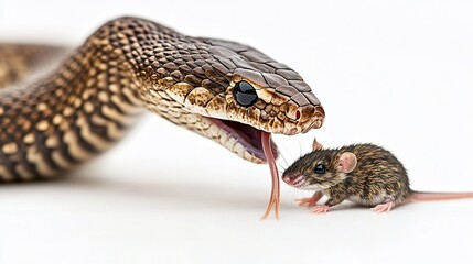 Fototapeta premium Snake eating mouse; studio white background