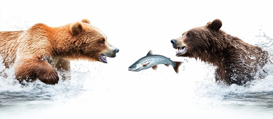 Obraz premium Two bears vying for salmon in river, white background, wildlife scene
