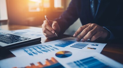 Business professional analyzes data charts on desk with laptop and pen in hand
