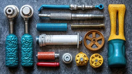 Assorted Industrial Parts and Mechanical Components Arranged