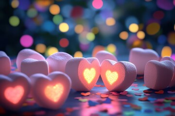 Fototapeta premium Glowing heart marshmallows, romantic bokeh, Valentine's Day, celebration