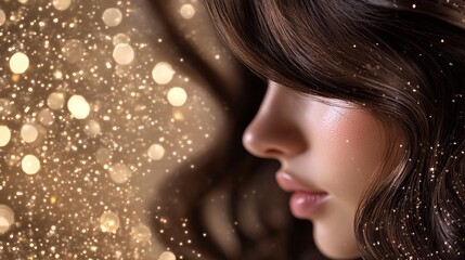A close-up side profile of a woman with brown hair and fair skin, featuring sparkling lights and golden bokeh.