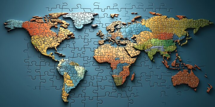Multicolored Puzzle Map Displays Global Regions on Blue Background
