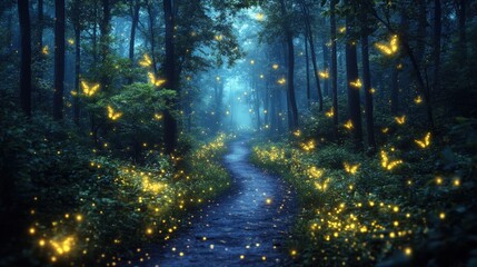 Fototapeta premium Enchanted Forest Path with Glowing Butterflies at Night Creating a Magical Atmosphere in a Tranquil Setting